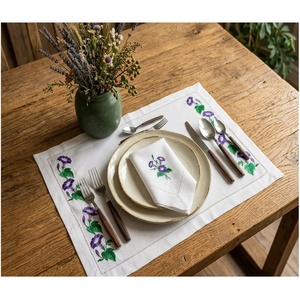 Custom Washable Reuse Embroidery Pretty Purple Floral <b>Placemats</b> Napkins Sets 100% Linen Hemstitch Mats Home Wedding Events - Product Image 1
