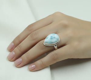 Bague en argent sterling 925 avec larimar naturel, faite à la main, cabochon en forme de goutte, bijou bohème, cadeau de Noël pour elle - Product Image 2
