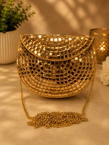Gold Mosaic Evening Clutch Bag Half Moon Crystal <b>Mirror</b> Work <b>Chain</b> Strap Flap Closure Outdoor Use Wedding Party Handbag - Product Image 1