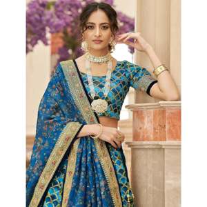 Elegant Blue Embroidered Silk Plus Size <b>Lehenga</b> Choli for Sangeet - Product Image 5