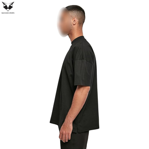 T-shirts à col montant doux au toucher, style décontracté noir uni, avec logo personnalisé, tissu lavé de qualité supérieure, poids 200 grammes - Product Image 3