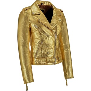 Golden Metallic Faux <b>Leather</b> Moto <b>Jacket</b> Women's Short Zipper Closure Stand Collar Full Sleeve Autumn Style - Product Image 3