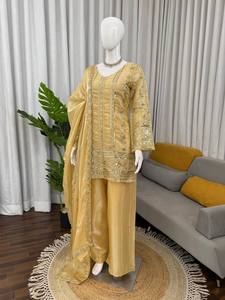 Vintage <b>Silk</b> Kurta Palazzo Set With Dupatta Sequin Embroidered Indian Pakistani Women Wedding Party Outfit - Product Image 3
