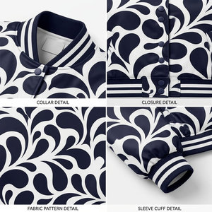 Navy White Floral Print Varsity <b>Jacket</b> Women's <b>Short</b> Crop Bomber Coat Full <b>Sleeve</b> Turn-down Collar Polyester Autumn Style - Product Image 6