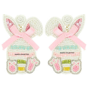 Boucles d'oreilles créoles en perles de rocaille motif lapin pour femme, faites à la main, brodées, bijoux fantaisie, article de mode, pour soirée, cadeau - Product Image 1