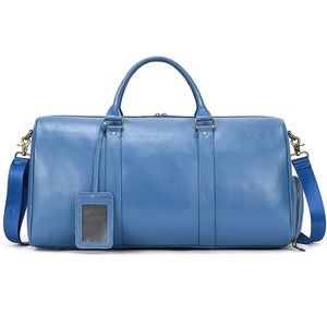 Blue <b>Leather</b> Duffel <b>Bag</b> <b>Weekender</b> Travel <b>Bag</b> Foldable Portable Zipper Closure Adjustable Strap Waterproof Large Capacity Durable - Product Image 1