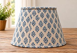 Navy Blue Floral Print Linen <b>Lampshade</b> | Natural Beige Fabric Pleated Drum Shade | Decorative Table, <b>Floor</b> & Pendant <b>Lamp</b> Shade - Product Image 2