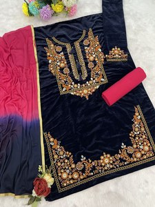 Kurta en velours bleu marine brodé pour femme avec pantalon Patiala rose, tenue traditionnelle indienne et pakistanaise pour mariage, longueur cheville - Product Image 2