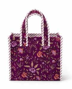 Sac fourre-tout matelassé à fleurs violettes avec poignées rayées, style bohème, isolé, pour le shopping, les voyages quotidiens, en coton, utilisable toute l'année - Product Image 2