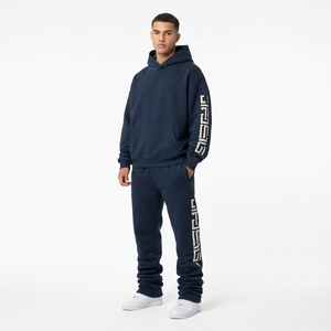 OEM Custom Unisex Embroidered <b>Cropped</b> Hoodie & Flared Stacked Sweatpants Tracksuit Set for <b>Men</b> French Terry Cotton - Product Image 1