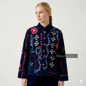 Fait main, esthétique bohème, brodé, velours bleu, coton, séchage rapide, respirant, écologique, luxe pour femme, motif floral, automne - Product Image 1