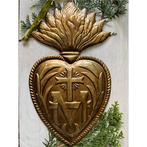 Handmade Antique Brass Finish Sacred <b>Heart</b> Ex Voto Wall <b>Decor</b> Metal Flaming <b>Heart</b> Sculptures Bohemian Catholic Christian Home - Product Image 5