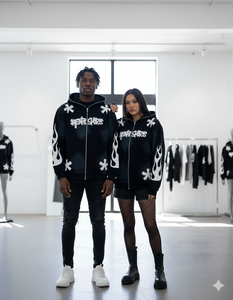 Unisex Streetwear Hooded <b>Zip</b>-<b>Up</b> Sweatshirt Black <b>White</b> Flame Print Oversized Fit French Terry Breathable Autumn Wear - Product Image 1