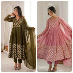 Women Pure Roman Cotton Embroidered Gown <b>Pant</b> Set with Soft Organza Dupatta | <b>Sequin</b> Thread Work Designer Ethnic Wear | Party We - Product Image 6