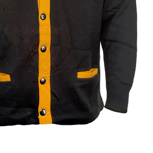 Cárdigan Negro de Punto para Mujer con Cuello en V Amarillo y Parche de la Letra A, Manga Larga, Estilo Clásico Preppy - Product Image 4