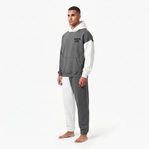Conjunto de chándal de algodón grueso personalizado para hombre, de dos tonos, con sudadera con capucha de hombros caídos de corte holgado y bloques de color - Product Image 6