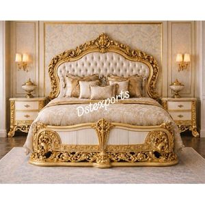 Cama tamaño Queen de madera de teca de lujo y muebles de dormitorio, juego de cama moderno italiano tallado a mano con acabado dorado - Product Image 2