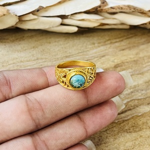 Trendy wholesale <b>Turquoise</b> Brass <b>Ring</b> 18k Gold Plated Floral Leaf <b>ring</b> Statement Bohemian Vintage <b>Ring</b> Handmade <b>Ring</b> For Women - Product Image 4