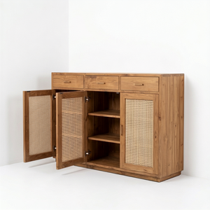 Solid Teak Wood <b>Sideboard</b> 3 Drawer Cabinet Commercial Hotel Credenza with Rattan for Luxury Resort Hospitality Project Furniture - Product Image 4