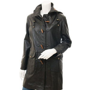 Custom Women's Genuine <b>Leather</b> Hooded <b>Jacket</b> Full Sleeve Solid Color Horn Button Closure <b>Long</b> Length Autumn Wear Utility Style - Product Image 1