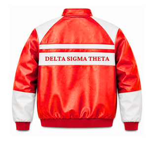 Custom Delta Sigma Theta Sorority Leather <b>jacket</b> red & <b>white</b> Embroidered logo Casual Style for female with polyester lining - Product Image 3