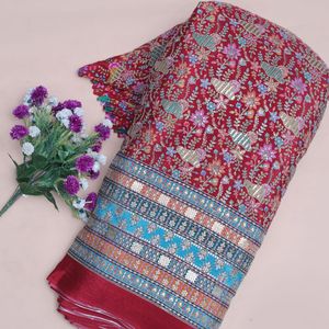 Tissu en crêpe brodé floral rouge vif, résistant aux taches, 54 pouces, pour confection de Kurtis, tuniques et robes Anarkali de créateur - Product Image 4