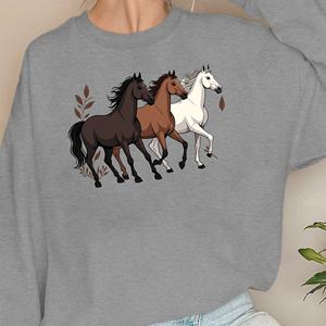 Sweat-shirts décontractés pour femmes en tricot imprimé avec trois chevaux EQUESTRIAN - Product Image 2