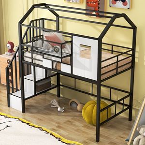 Letto a soppalco doppio in metallo nero con design del tetto unico e contenitore portaoggetti per camerette dei bambini - Product Image 2
