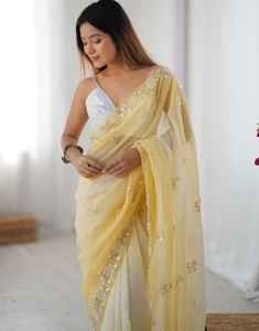 Sari de Rayón con Adornos KV, Estilo Bollywood (Amarillo) - Ropa de Fiesta de Secado Rápido y Sin Arrugas - Product Image 1