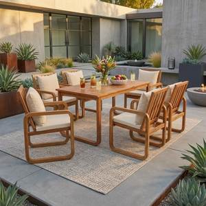 Ensemble de table à manger d'extérieur en teck contemporain avec coussins imperméables, structure en bois durable pour usage en terrasse - Product Image 1