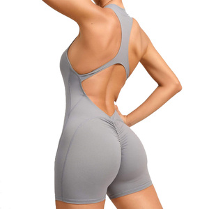 Conjunto de mono de yoga de una pieza para mujer con cremallera de un cuarto, sin mangas, cuello halter, espalda descubierta, body sin costuras con efecto fruncido en los glúteos para gimnasio - Product Image 4