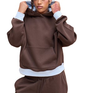 Sweat-shirt à capuche unisexe marron, manches raglan, coupe ample, couleur unie, poche avant, vêtement décontracté, 100% coton molletonné - Product Image 4
