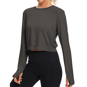 Haut de yoga personnalisé avec logo, coupe ajustée, manches longues, col ras du cou, extensible, pour entraînement, fitness, sport, gym, course à pied - Product Image 2