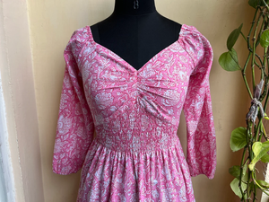 Robe midi pour femme en coton 100% imprimée à la main, style bohème, col en V, manches longues, motif floral, robe d'été courte en coton - Product Image 6