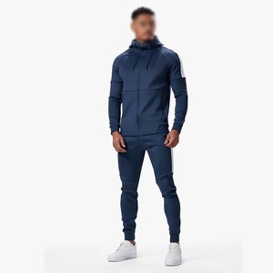 Survêtement à capuche bleu marine pour homme, fermeture éclair intégrale, poches latérales, respirant, polyester et coton, automne, sportif, décontracté, coupe classique - Product Image 1