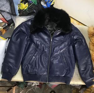 Wholesale Custom Winter <b>Men</b> Genuine Leather V-Bomber Jacket Thick <b>Warm</b> Breathable Patchwork Down Puffer <b>Coat</b> with Big Fur Collar - Product Image 5