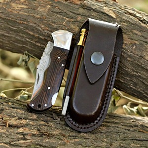 Cuchillo de bolsillo de acero de Damasco y cobre de grado industrial, mango de madera, hoja de punta caída, apertura con perilla, cuchillo plegable para camping, OEM - Product Image 5