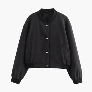 Women's Navy Blue Knitted Crop <b>Jacket</b> Full Sleeve O-Neck Button Closure Solid Color Contrast Trim Casual Outerwear - Product Image 2