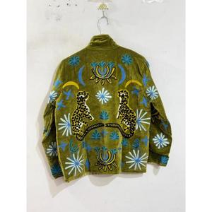 Handmade Unique Design Floral Embroidered Velvet Breathable <b>Jacket</b> Unisex <b>Mandarin</b> <b>Collar</b> Full Sleeve Autumn Handmade Cotton - Product Image 2