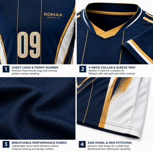 เสื้อฟุตบอลสีน้ำเงินกรมท่า ขาว ทอง แบบสั่งทำพิเศษ คอวี ลายพิมพ์แบบซับลิเมชั่น เสื้อทีมพรีเมียม หมายเลขผู้เล่น OEM - Product Image 3