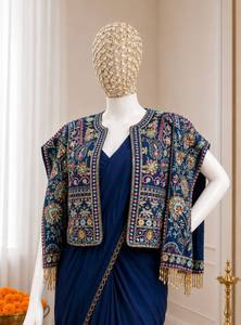 Elegant Modern Navy Blue Crepe Sheath Gown <b>with</b> Embroidered Three Quarter Sleeve <b>Jacket</b> V-Neck Bow Collar Floor-Length Dress - Product Image 4