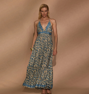 Vestido largo plisado de verano para mujer, estilo bohemio, con cuello halter, estampado floral, espalda descubierta y cintura imperio - Surtido - Product Image 1