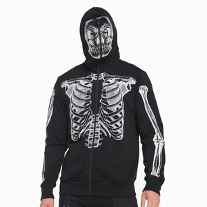 Sudadera con capucha de invierno con cremallera completa, diseño de armazón costalino, máscara facial de calavera, 100% algodón, estilo streetwear personalizado, esqueleto bordado para hombre, lavado a la piedra - Product Image 1