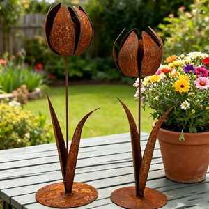 Piquet de jardin moderne en métal finition rouille avec motif pissenlit, décoration extérieure, ornement végétal en acier galvanisé de style moderne - Product Image 2