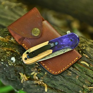 Nordic Forge EDC Damascus Steel <b>Folding</b> <b>Knife</b> Raindrop Pattern Blade - Olive Wood & Resin Handle Pocket Clip & Leather Sheath - Product Image 5