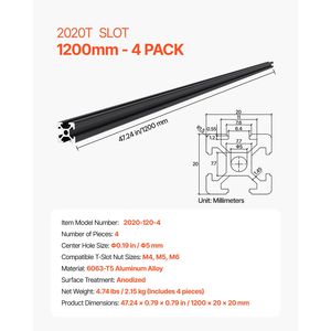4 Pezzi Profilo in Alluminio Estruso ad Alta Resistenza 47,2mm (1200mm) con Scanalatura a T 2020 Standard Europeo Anodizzato per LED - Product Image 3