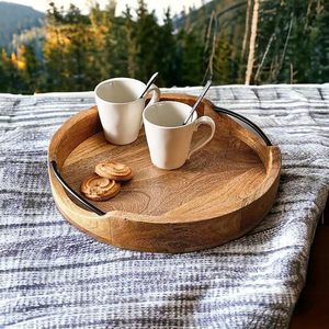 Traditional Modern Wooden Tray with Unique Design Durable & Non-Toxic Food Grade Round Shape for Breakfast Serving Home <b>Decor</b> - Product Image 4