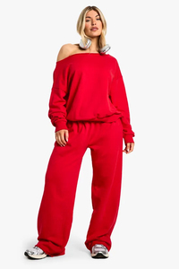 Sudadera Oversize Roja para Mujer con Hombros Descubiertos, Manga Larga, Tejido Sólido, Estilo Casual para Otoño - Product Image 5