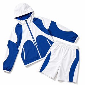 Men's Panel Design Windbreaker Jacket and Shorts Set Lightweight Hooded Activewear Ensemble - Product Image 5