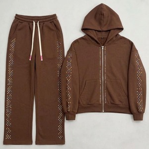 Wholesale Crystal Rhinestone Tracksuit Custom Studded Zip Hoodie Top Quality Pants Set Heavy Cotton <b>Fleece</b> <b>Jogger</b> Suit - Product Image 5